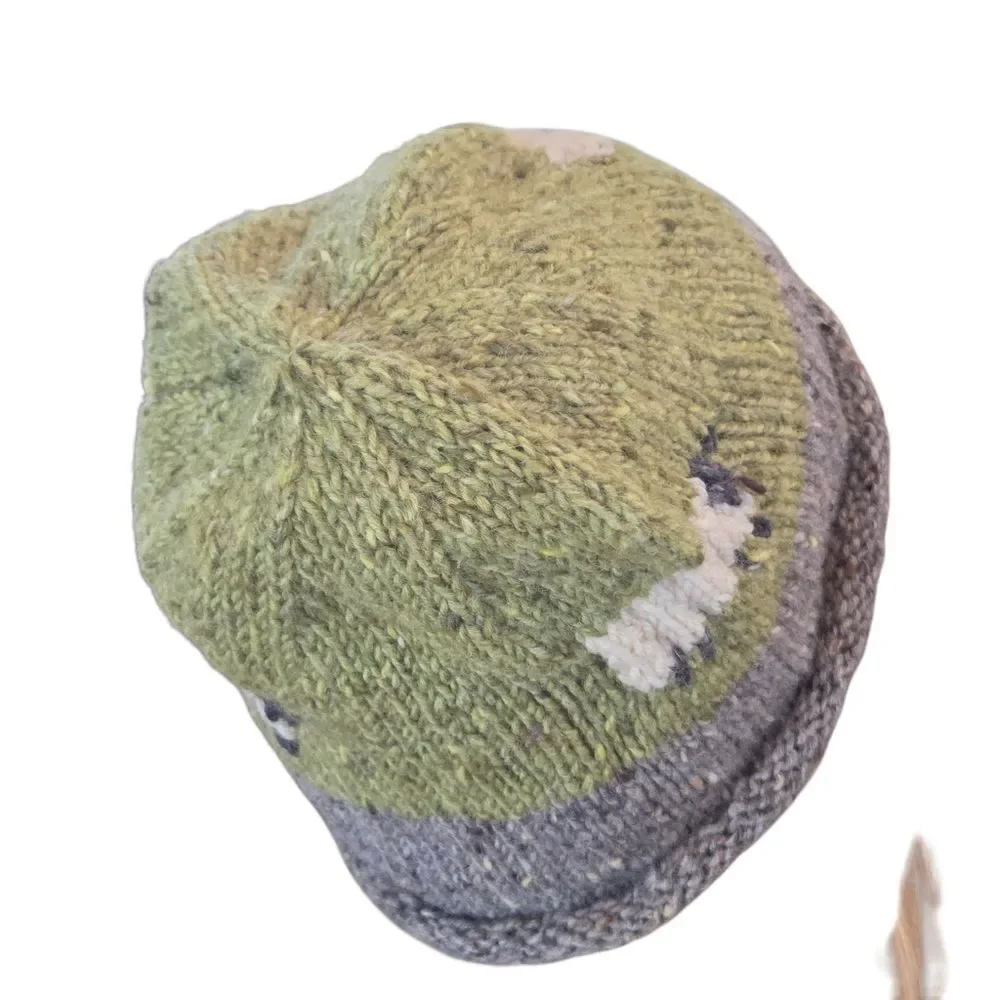 Hand-Knit Wool Beanie Ireland Artisan Sheep Motif Winter Hat NWOT Green Gray